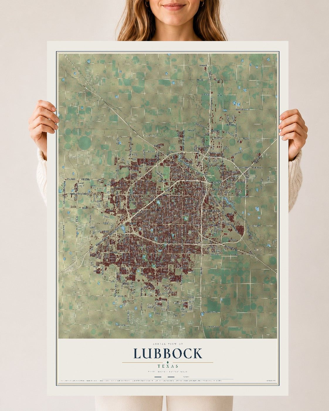 Map of Lubbock, Texas, 24 x 36 inch unframed archival matte print