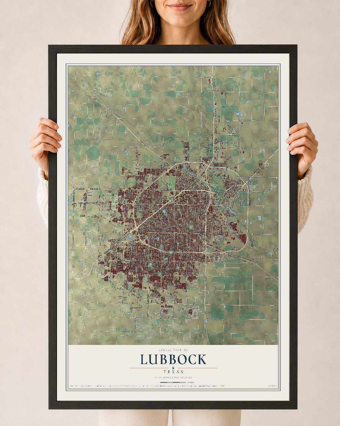 Map of Lubbock, Texas, 24 x 36 inch print in a black wood frame