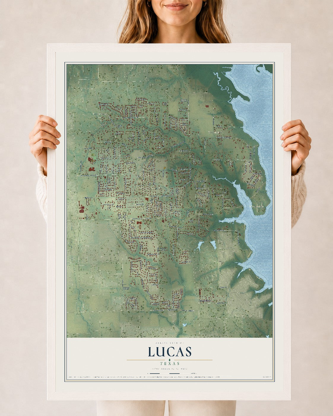 Map of Lucas, Texas, 24 x 36 inch print in a white wood frame
