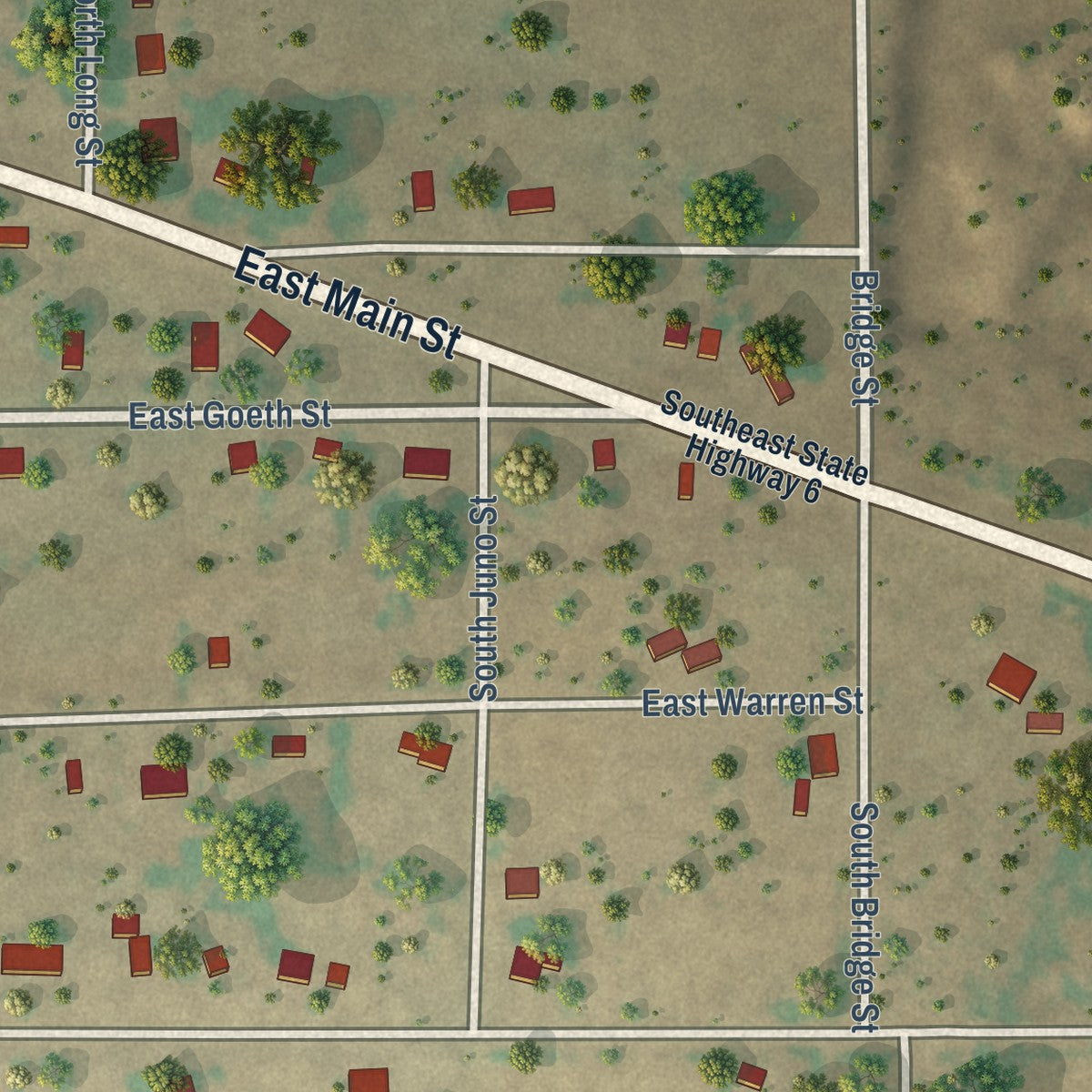 Second close-up of the map of Lueders, Texas print showing more streets and buildings