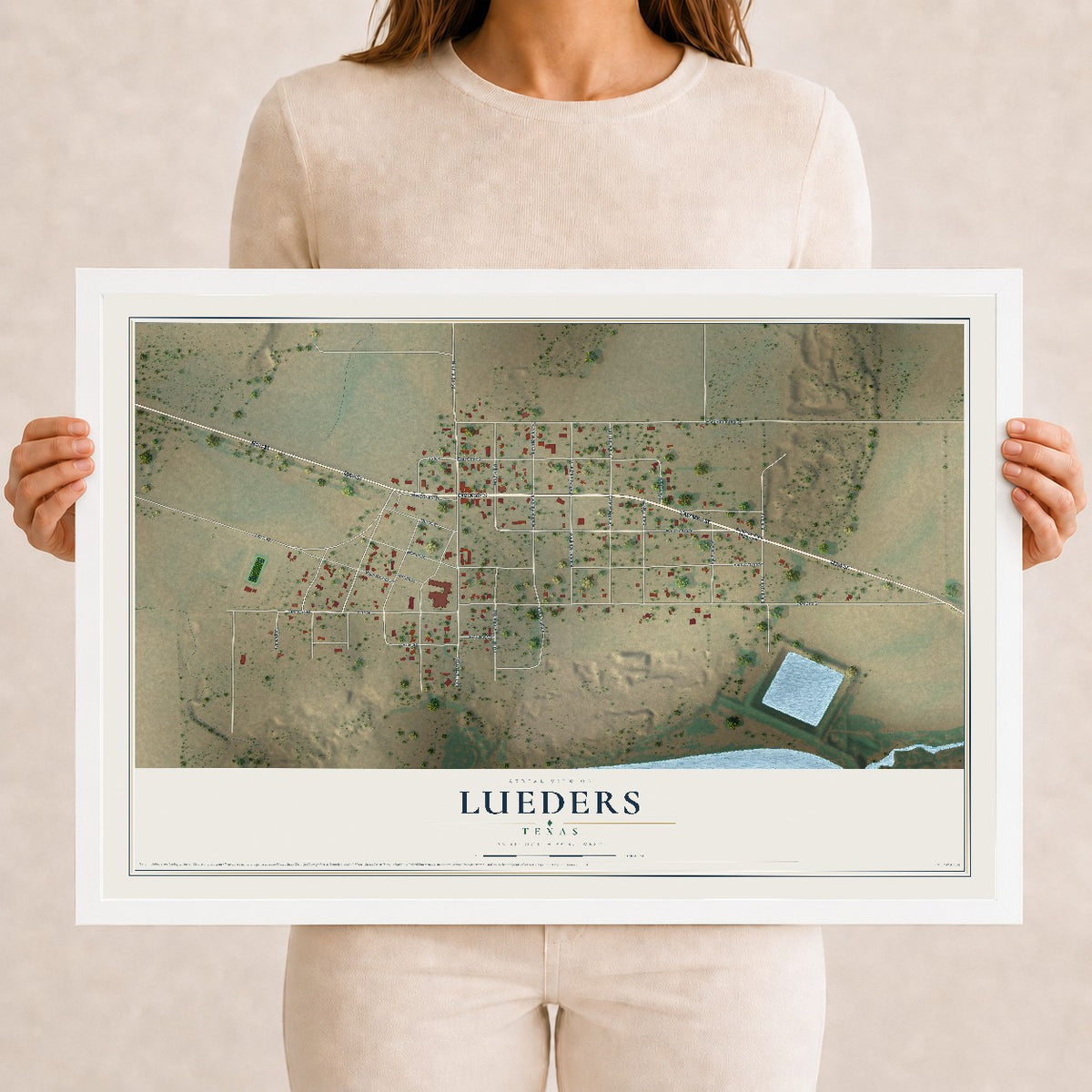 Map of Lueders, Texas, 12 x 18 inch print in a white wood frame