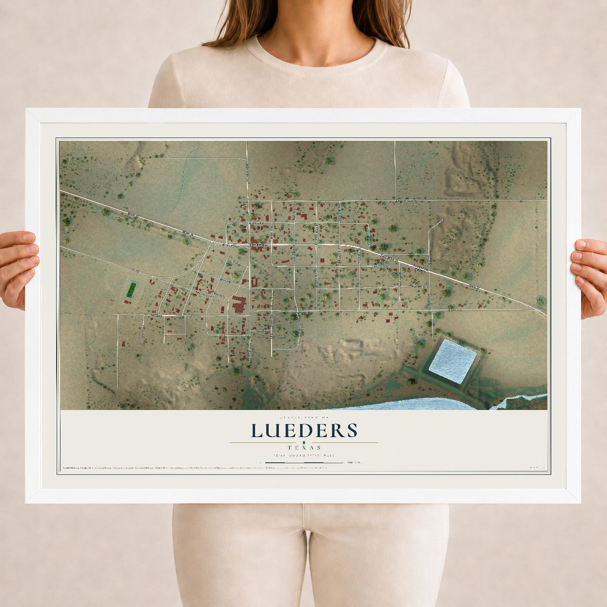 Map of Lueders, Texas, 18 x 24 inch print in a white wood frame