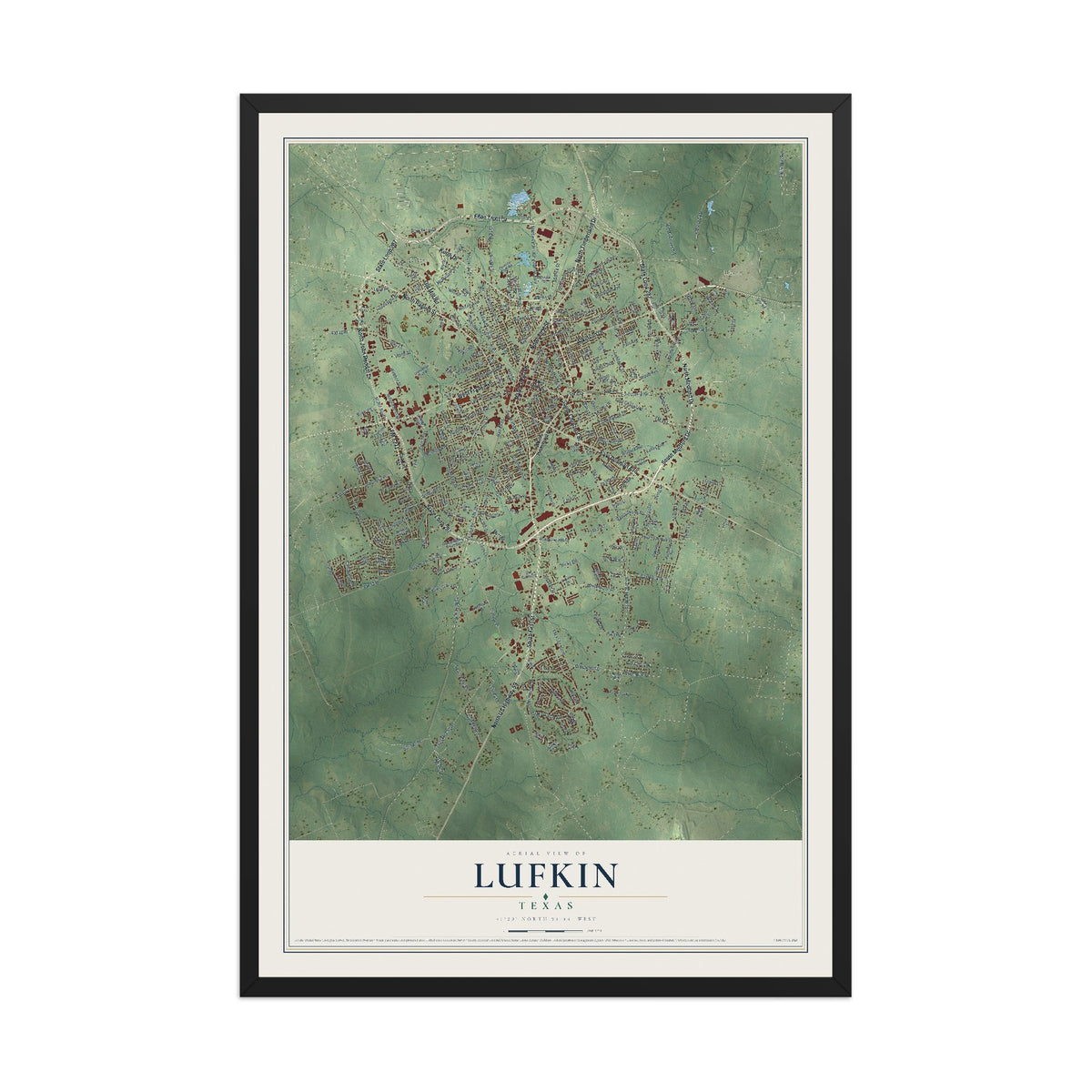 Map of Lufkin, Texas, 12 x 18 inch print in a black wood frame