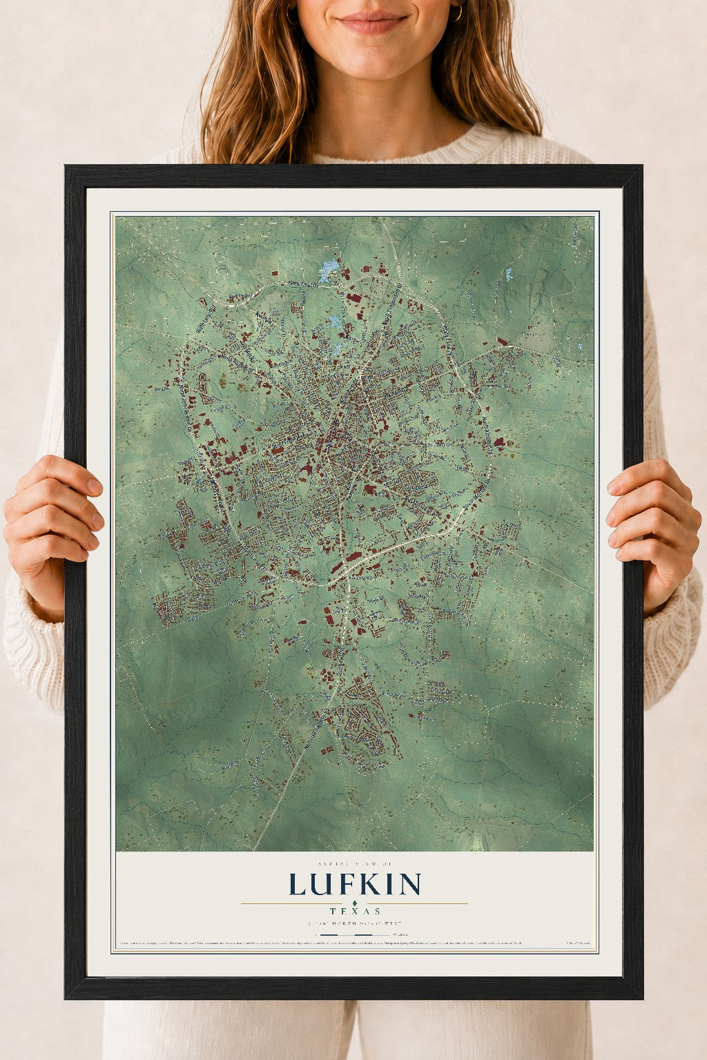 Map of Lufkin, Texas, 18 x 24 inch print in a black wood frame