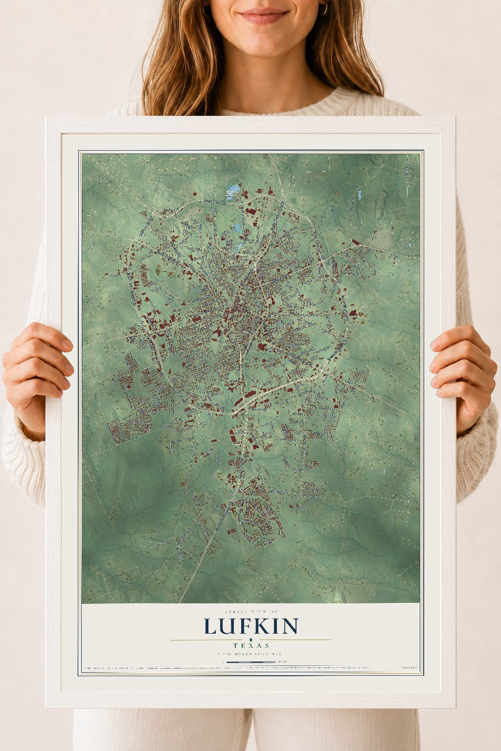 Map of Lufkin, Texas, 18 x 24 inch print in a white wood frame