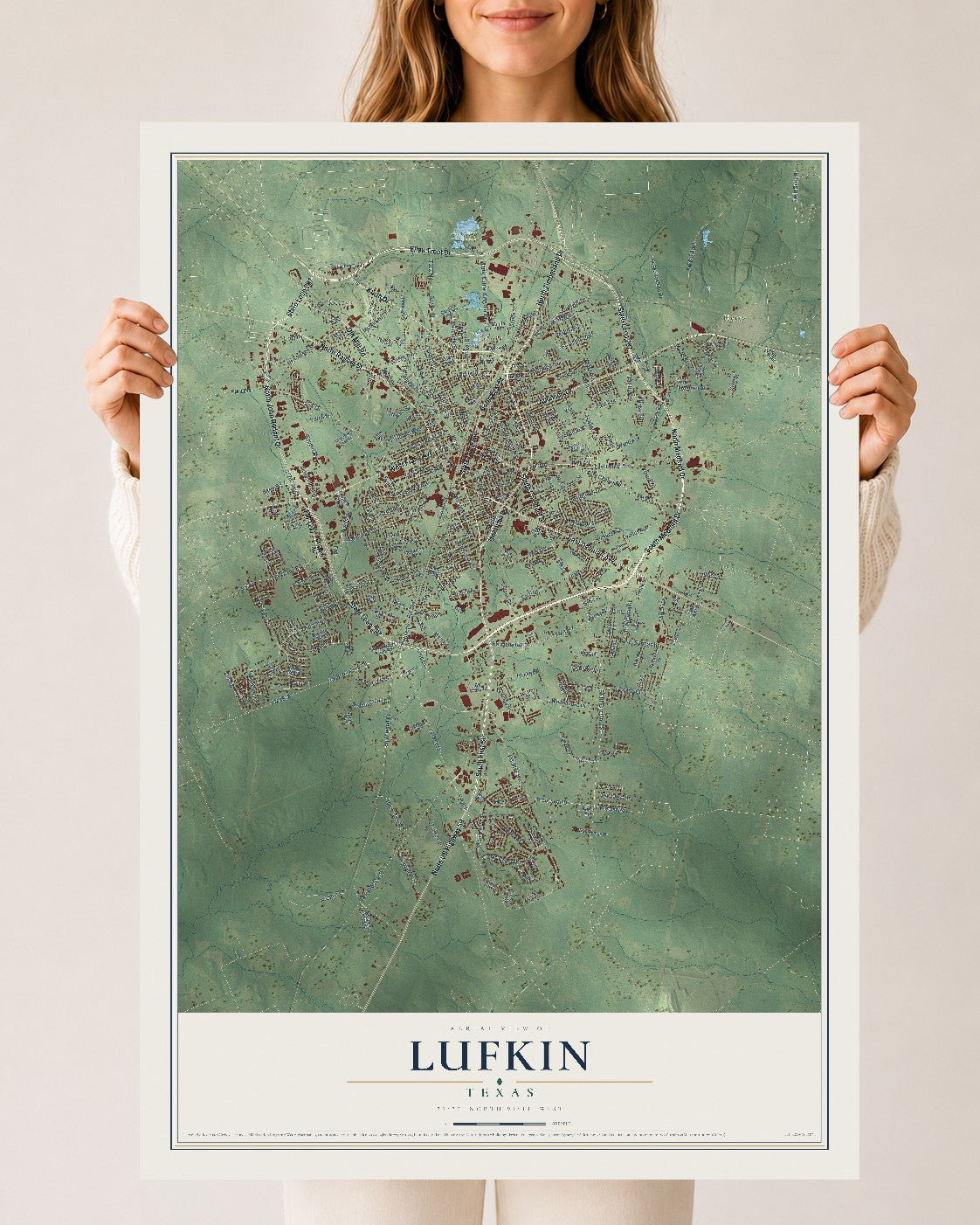 Map of Lufkin, Texas, 24 x 36 inch unframed archival matte print