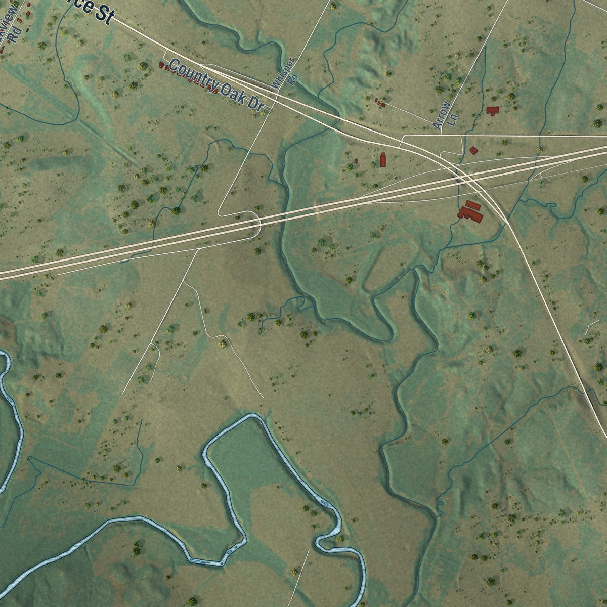 Second close-up of the map of Luling, Texas print showing more streets and buildings