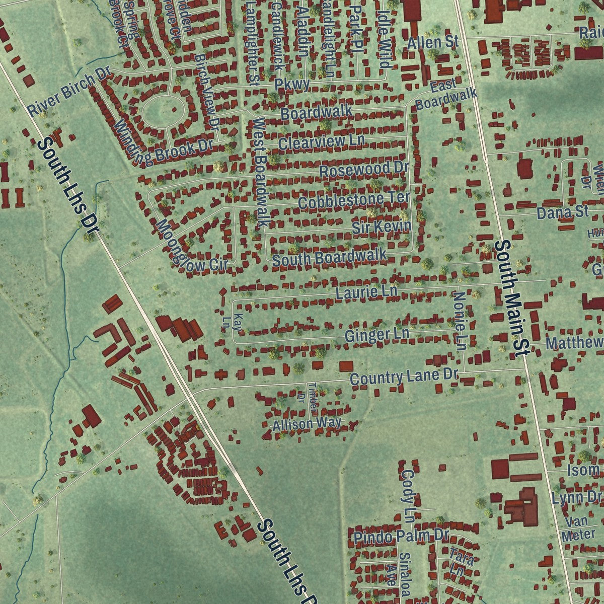 Close-up of the map of Lumberton, Texas print showing street and building detail