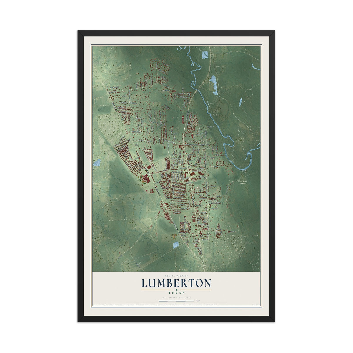 Map of Lumberton, Texas, 12 x 18 inch print in a black wood frame