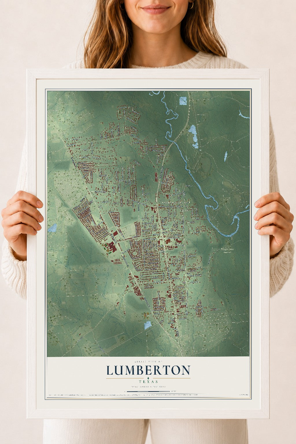 Map of Lumberton, Texas, 18 x 24 inch print in a white wood frame