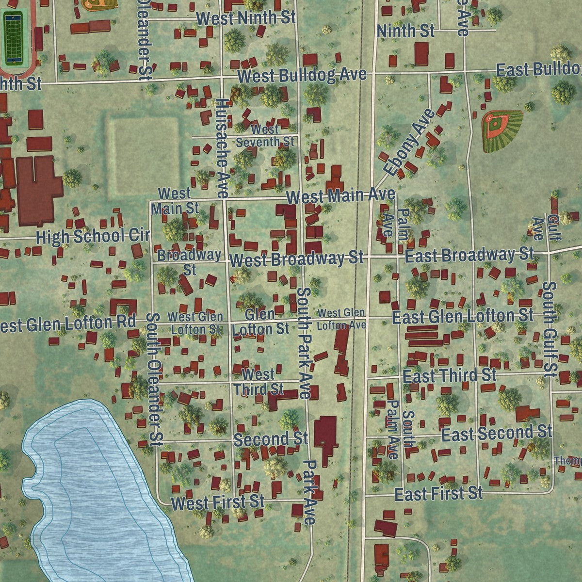Close-up of the map of Lyford, Texas print showing street and building detail