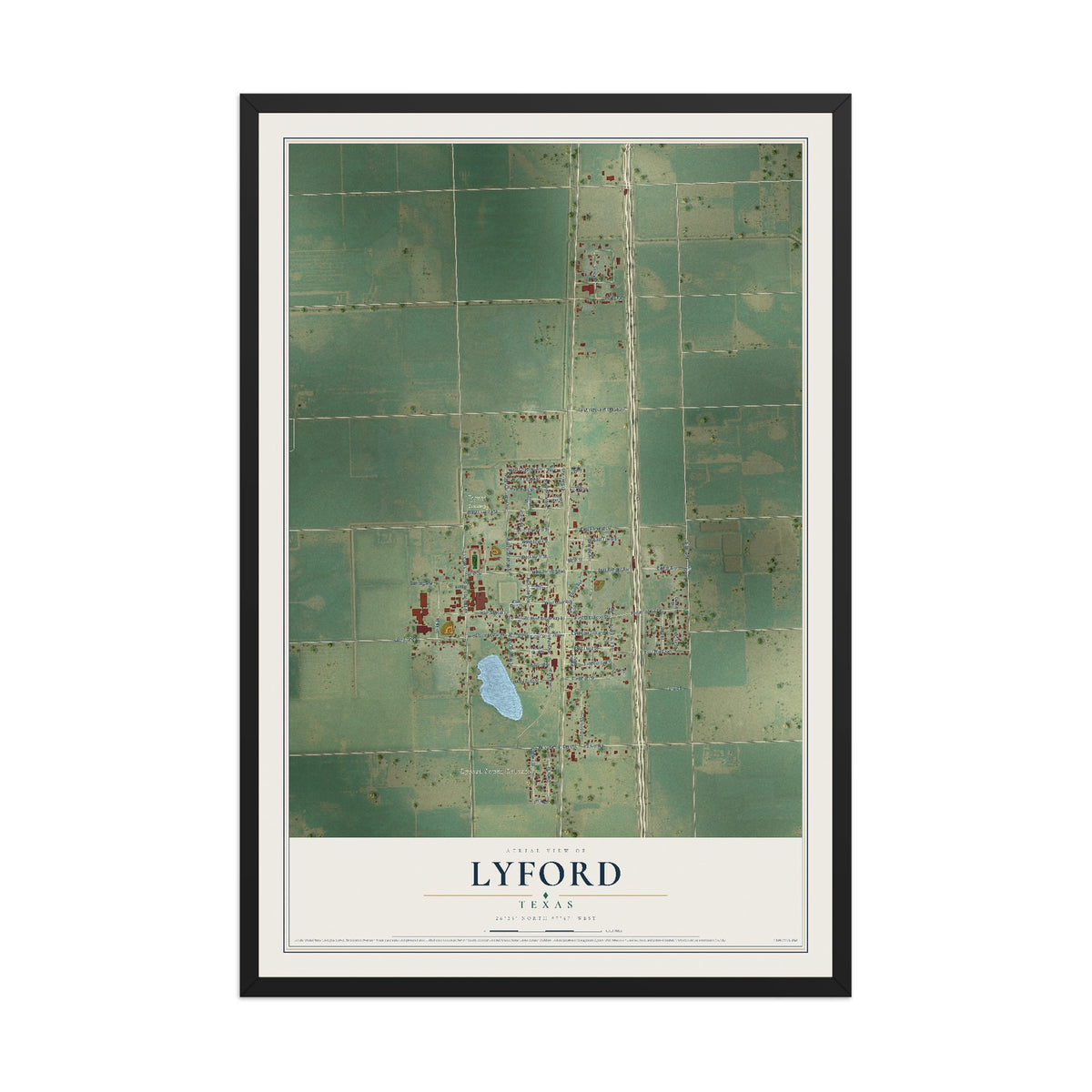 Map of Lyford, Texas, 12 x 18 inch print in a black wood frame