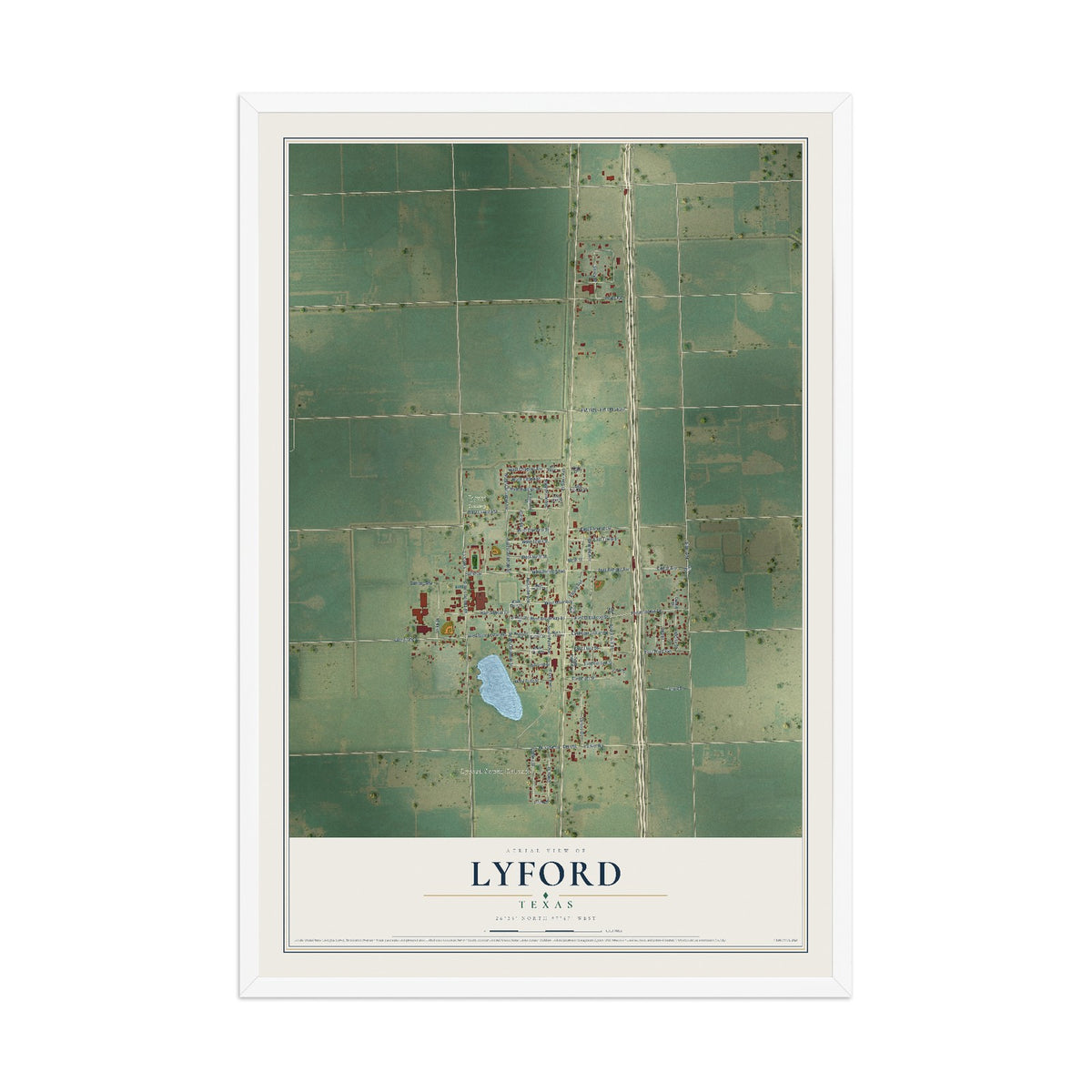 Map of Lyford, Texas, 12 x 18 inch print in a white wood frame