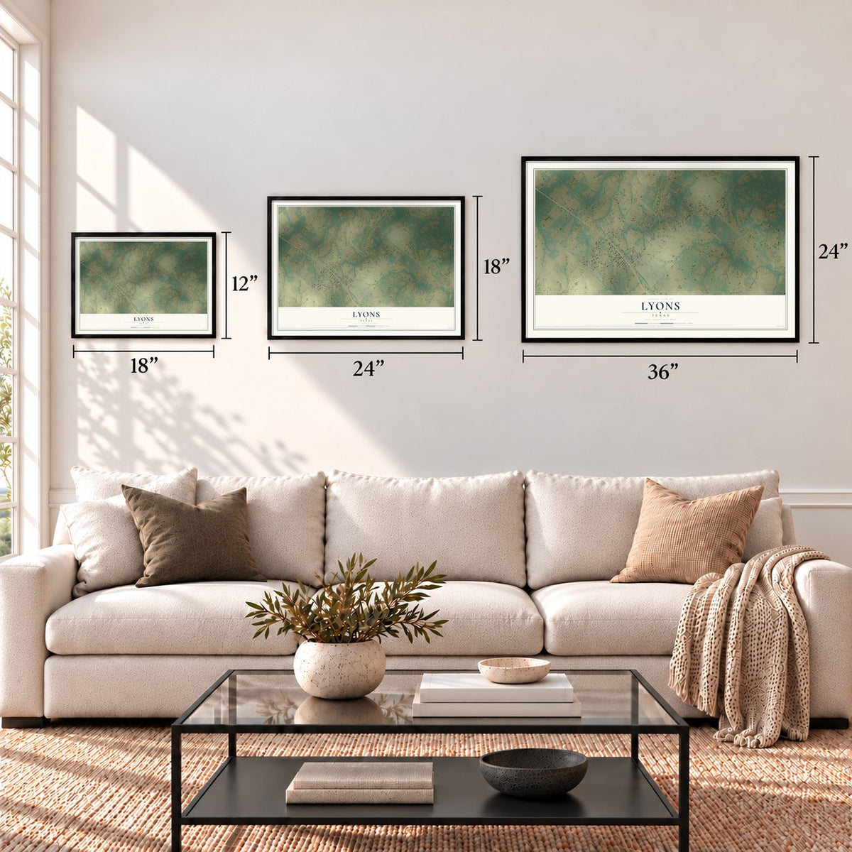 Lyons, Texas map in 12 x 18, 18 x 24 and 24 x 36 inch sizes above a sofa