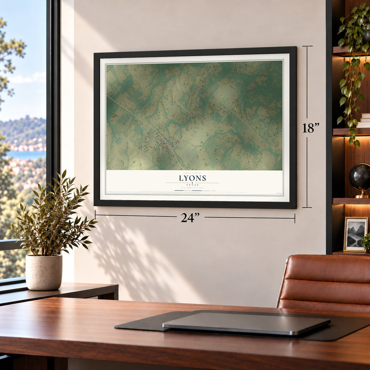 Lyons, Texas map, 18 x 24 inch print in a black frame in a home office