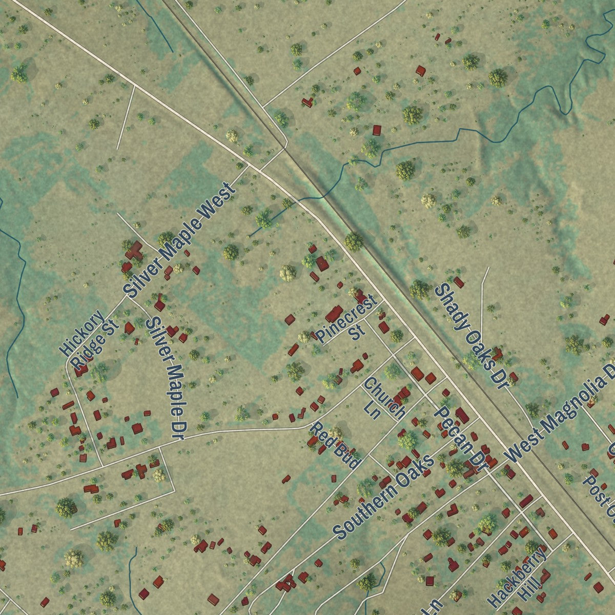 Close-up of the map of Lyons, Texas print showing street and building detail