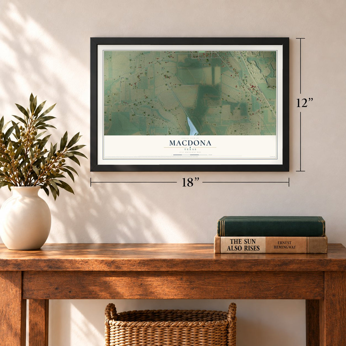 Macdona, Texas map, 12 x 18 inch print in a black frame in an entryway