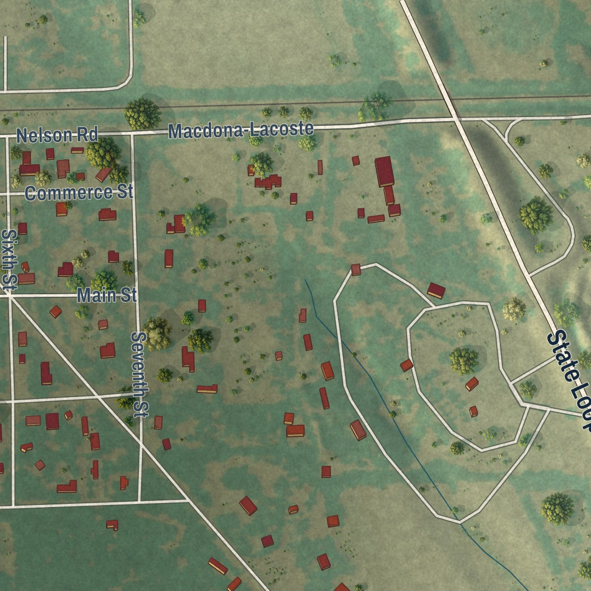 Close-up of the map of Macdona, Texas print showing street and building detail