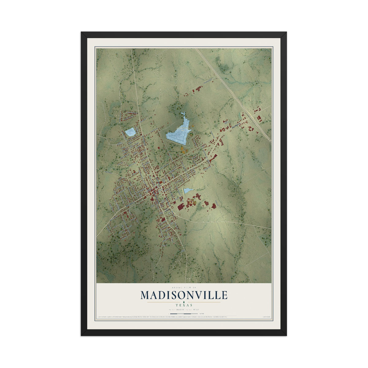 Map of Madisonville, Texas, 12 x 18 inch print in a black wood frame