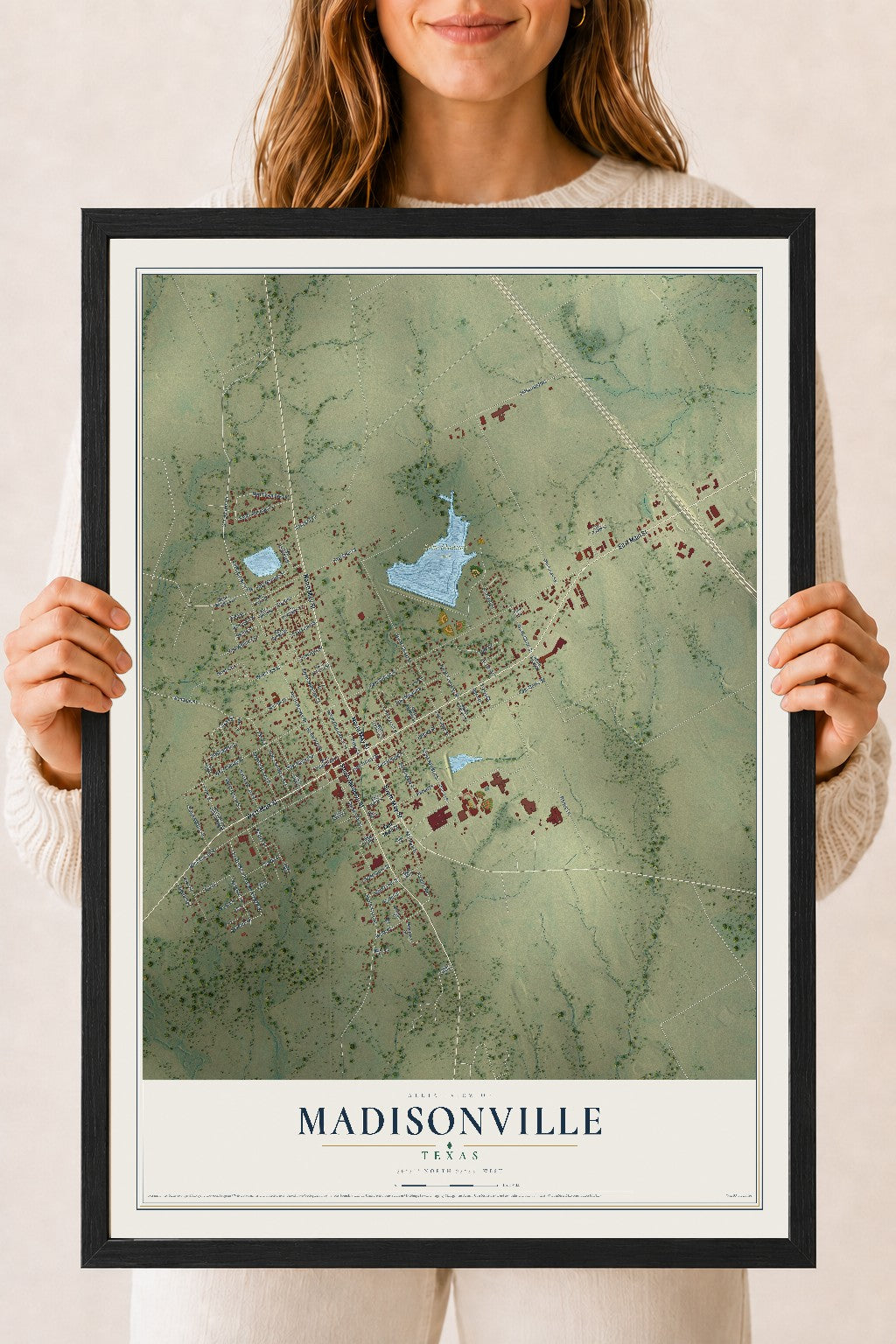 Map of Madisonville, Texas, 18 x 24 inch print in a black wood frame