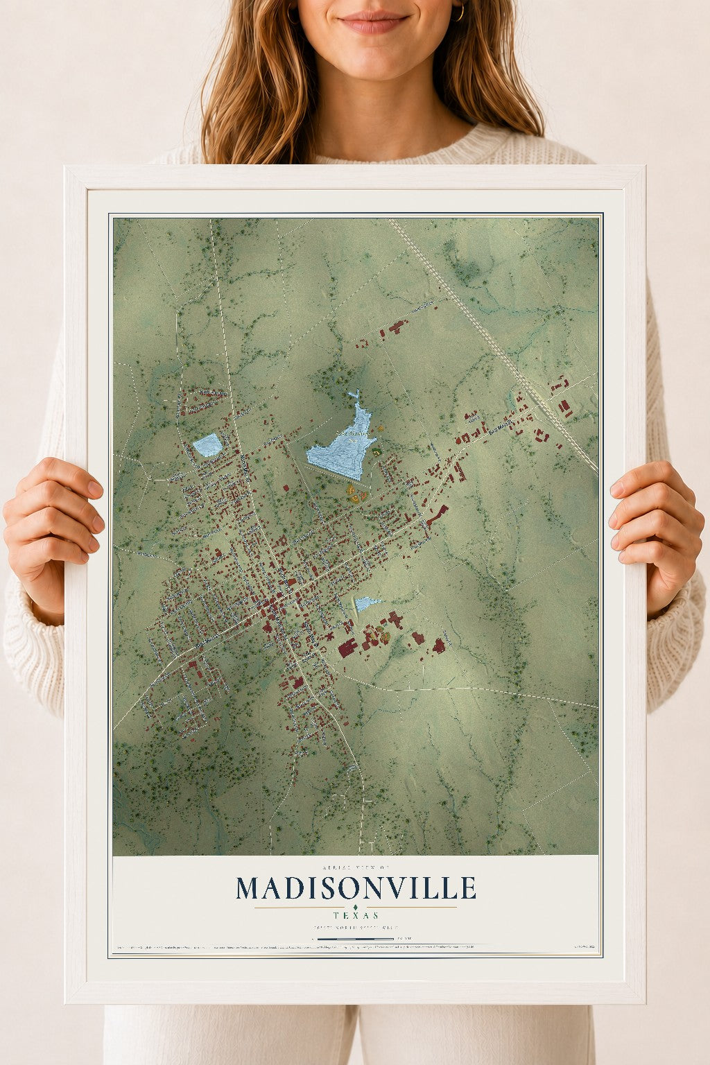 Map of Madisonville, Texas, 18 x 24 inch print in a white wood frame