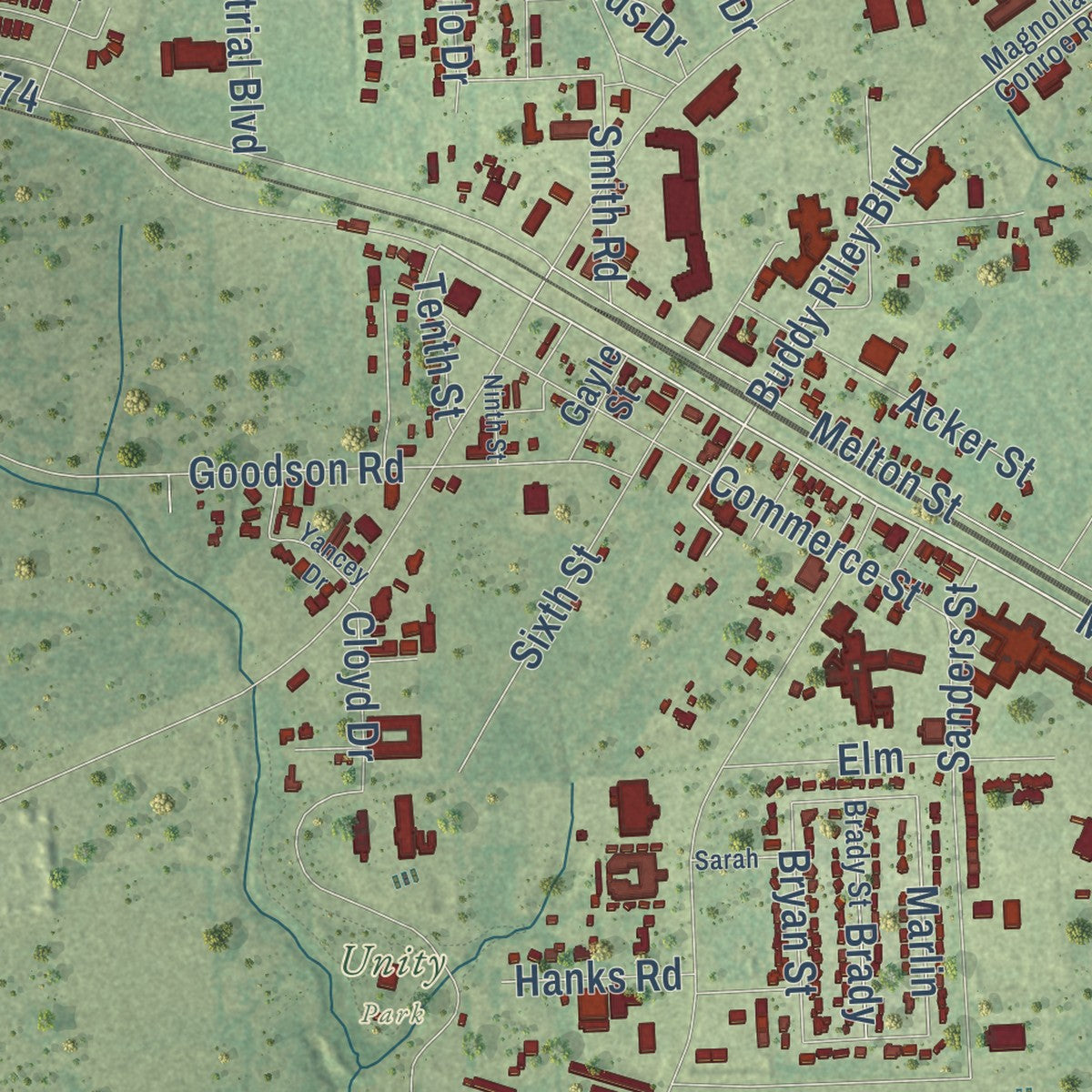 Close-up of the map of Magnolia, Texas print showing street and building detail