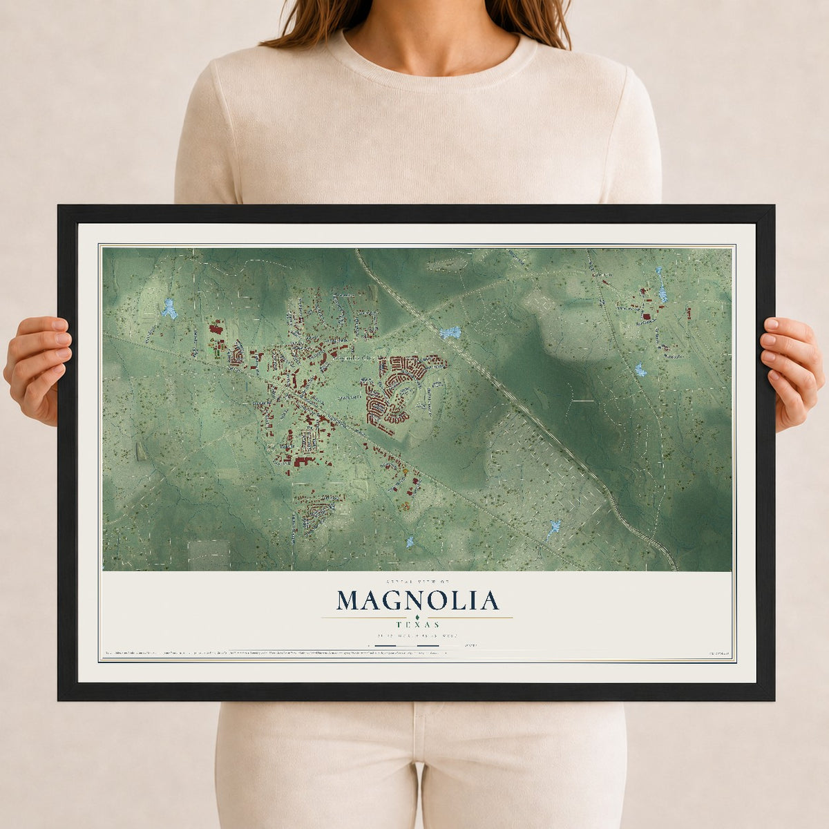 Map of Magnolia, Texas, 12 x 18 inch print in a black wood frame