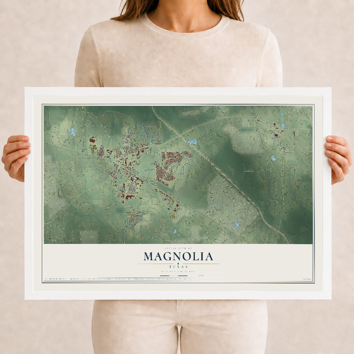 Map of Magnolia, Texas, 12 x 18 inch print in a white wood frame