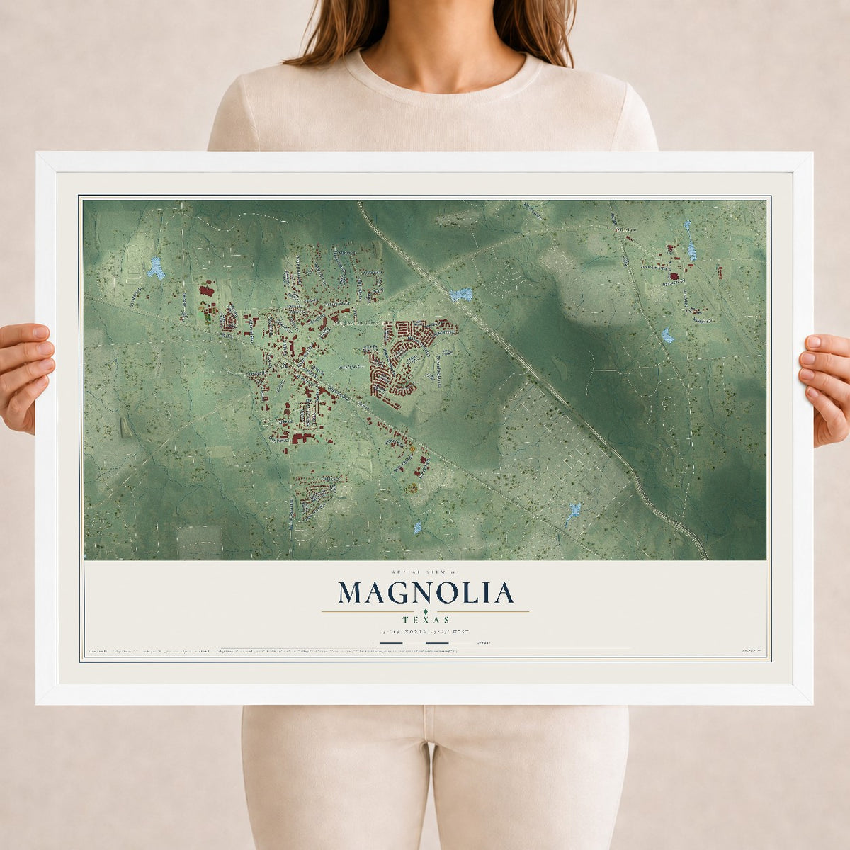 Map of Magnolia, Texas, 18 x 24 inch print in a white wood frame