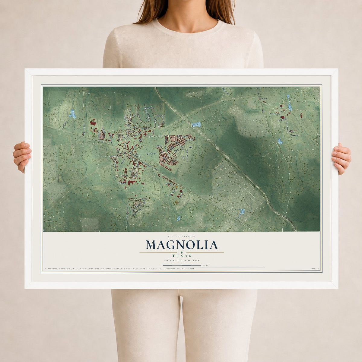 Map of Magnolia, Texas, 24 x 36 inch print in a white wood frame