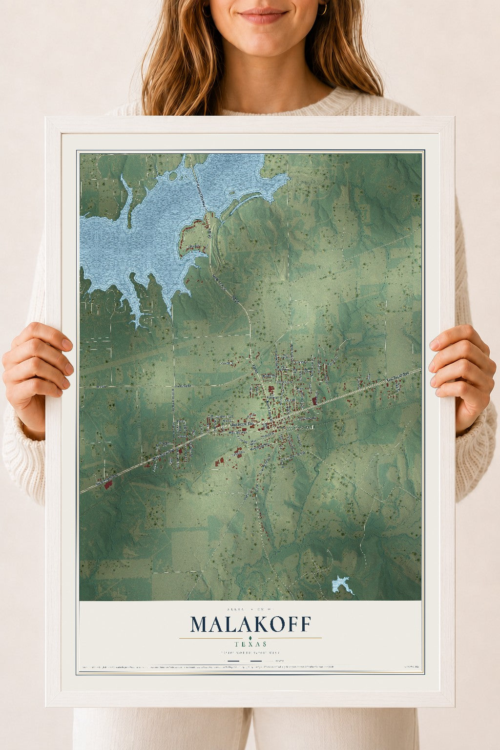 Map of Malakoff, Texas, 18 x 24 inch print in a white wood frame