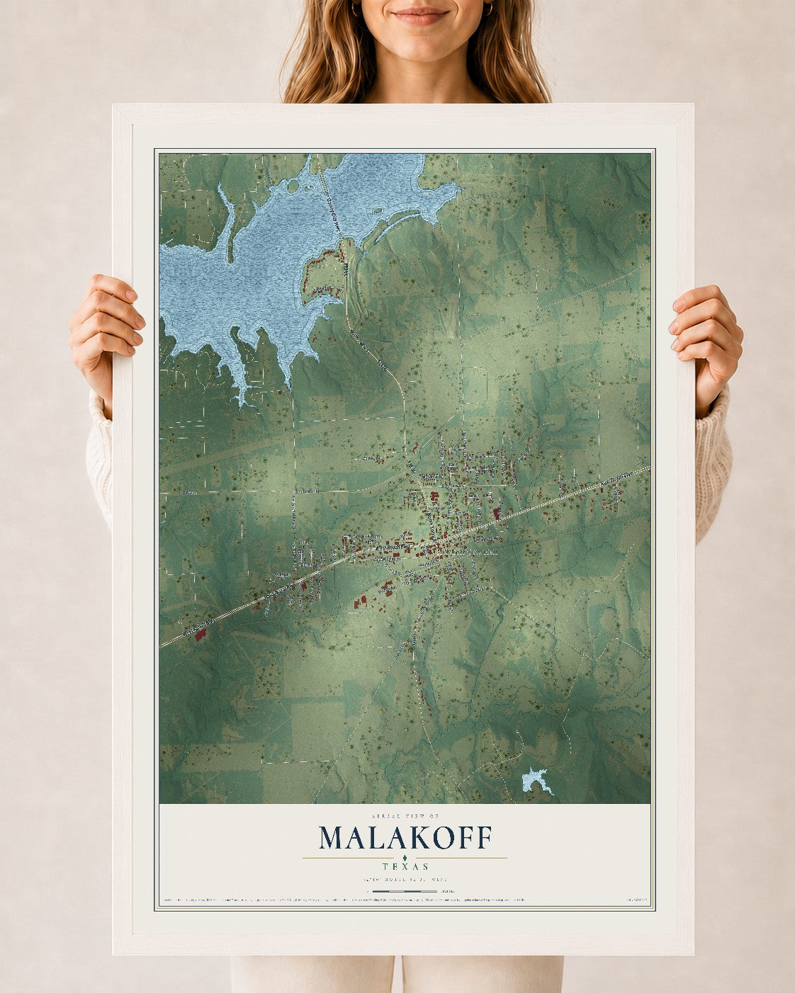 Map of Malakoff, Texas, 24 x 36 inch print in a white wood frame