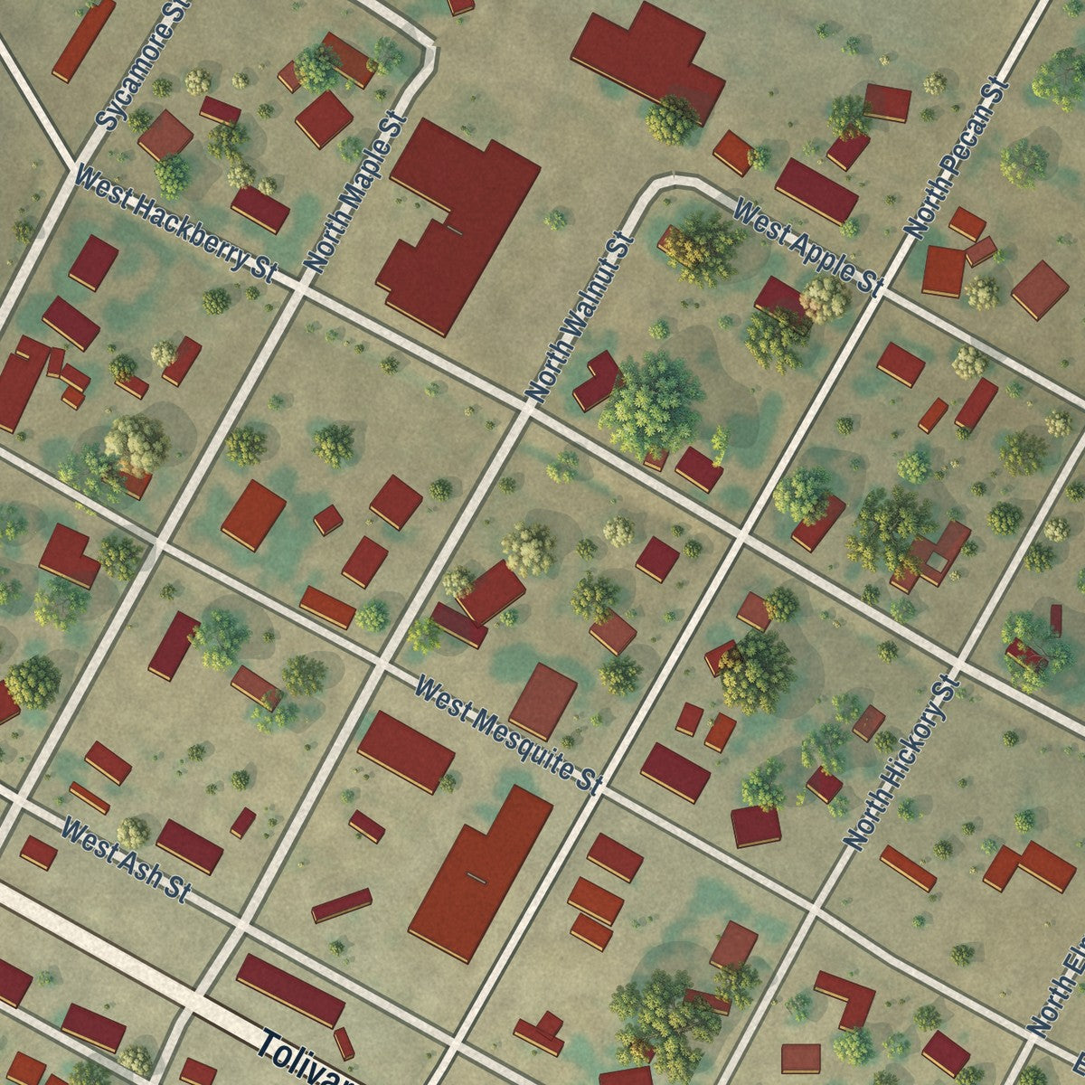 Close-up of the map of Malone, Texas print showing street and building detail