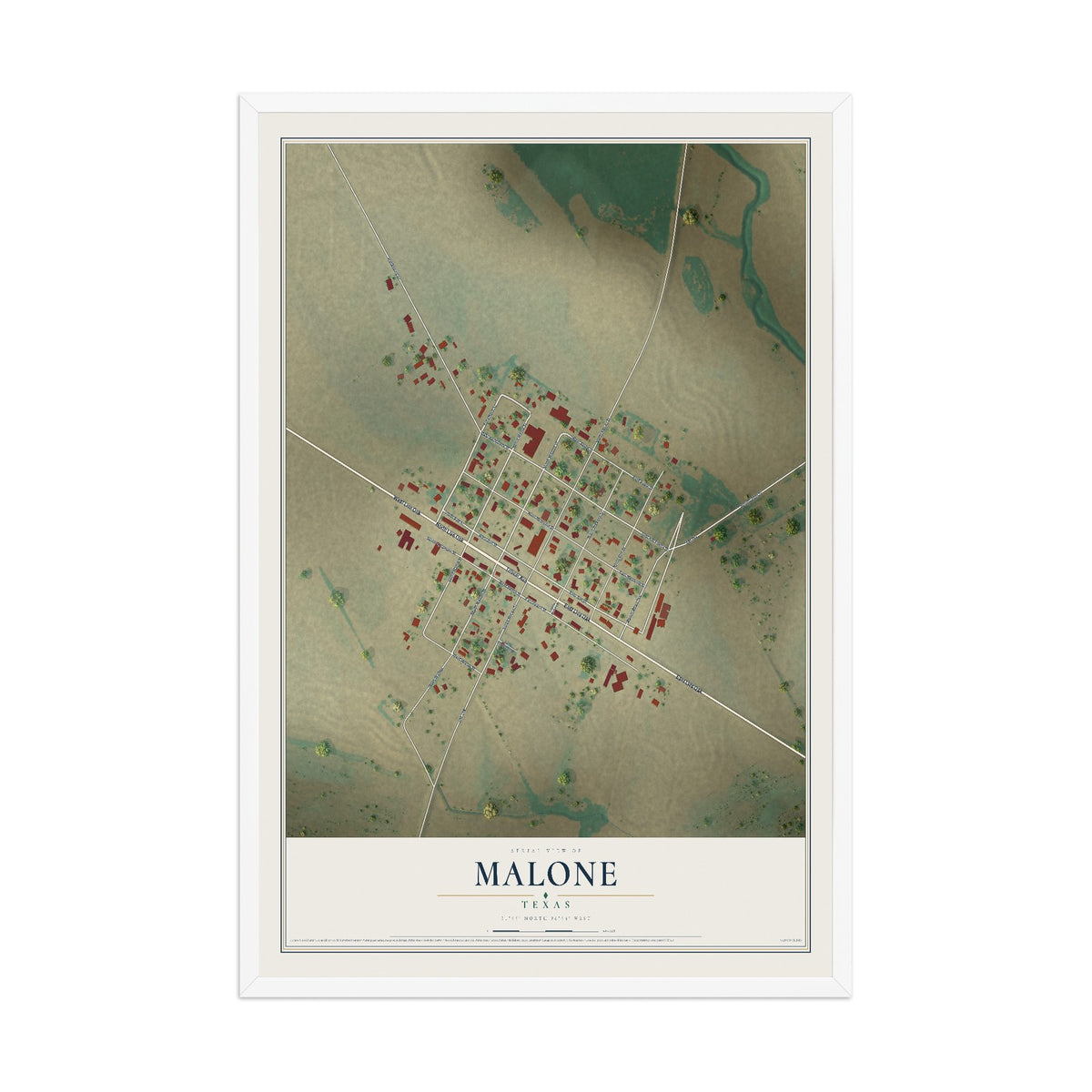 Map of Malone, Texas, 12 x 18 inch print in a white wood frame