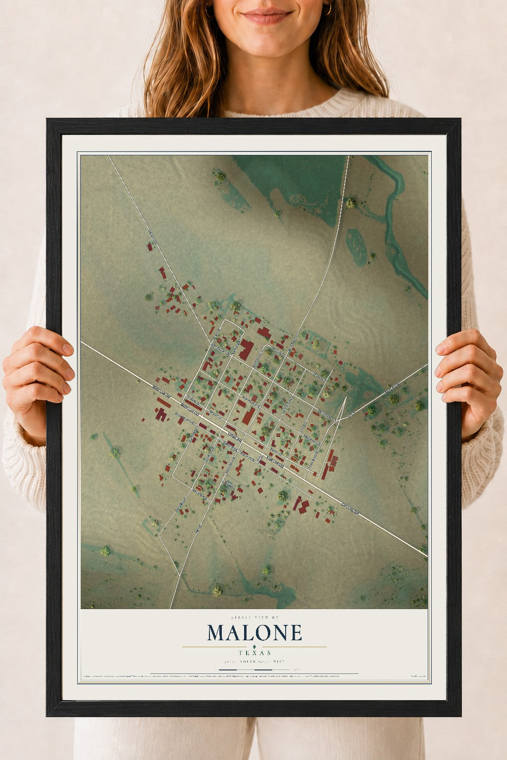 Map of Malone, Texas, 18 x 24 inch print in a black wood frame