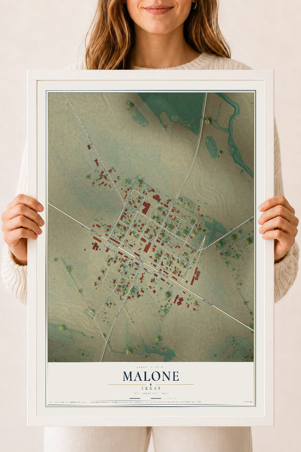 Map of Malone, Texas, 18 x 24 inch print in a white wood frame