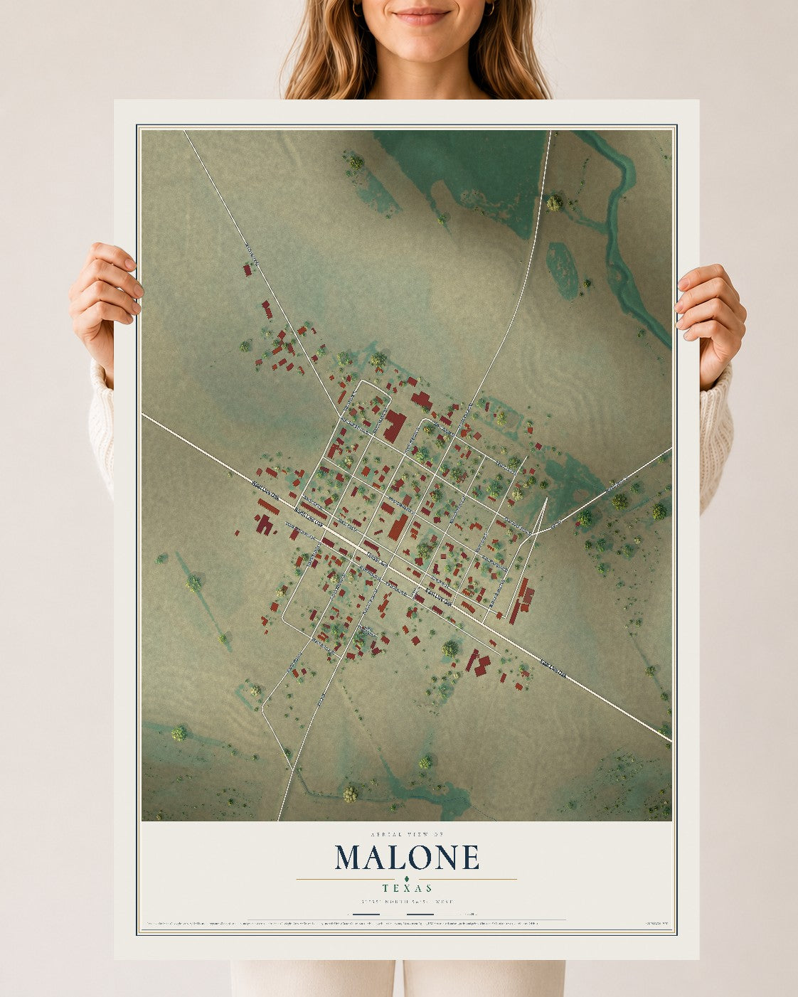 Map of Malone, Texas, 24 x 36 inch unframed archival matte print