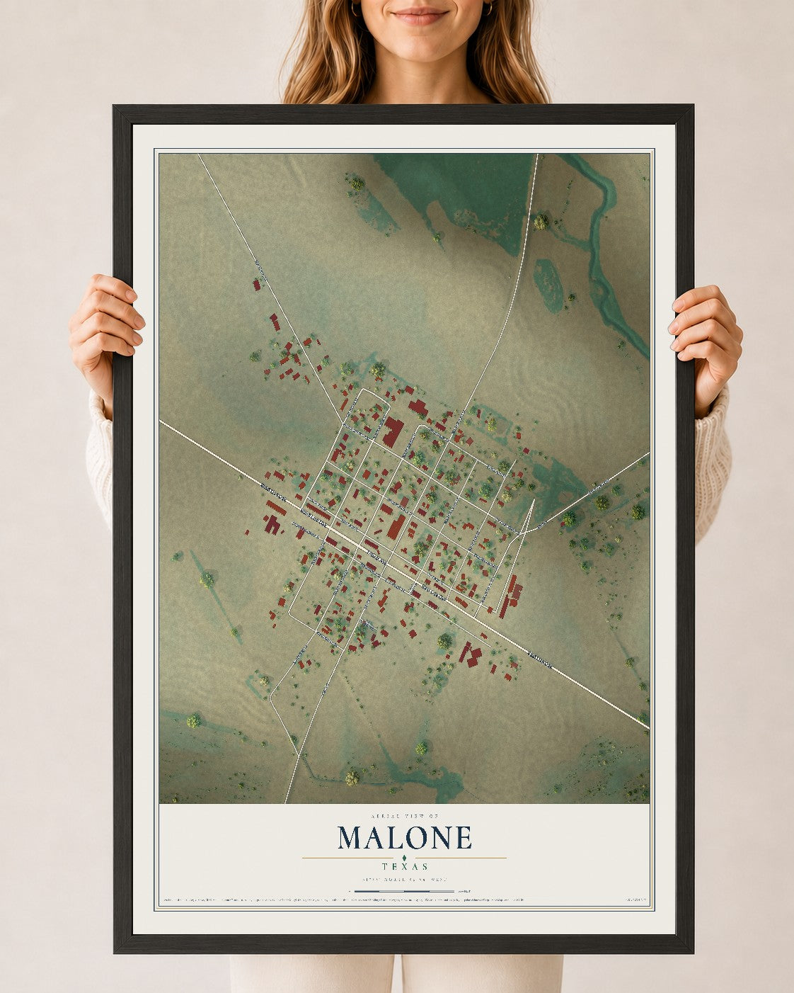 Map of Malone, Texas, 24 x 36 inch print in a black wood frame