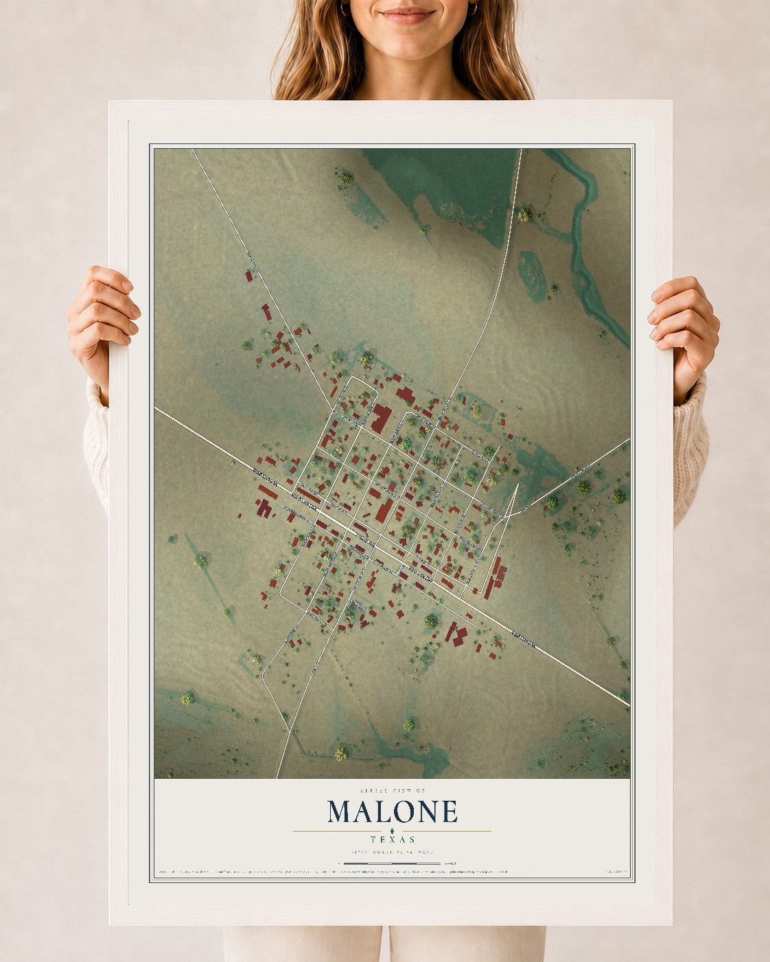 Map of Malone, Texas, 24 x 36 inch print in a white wood frame