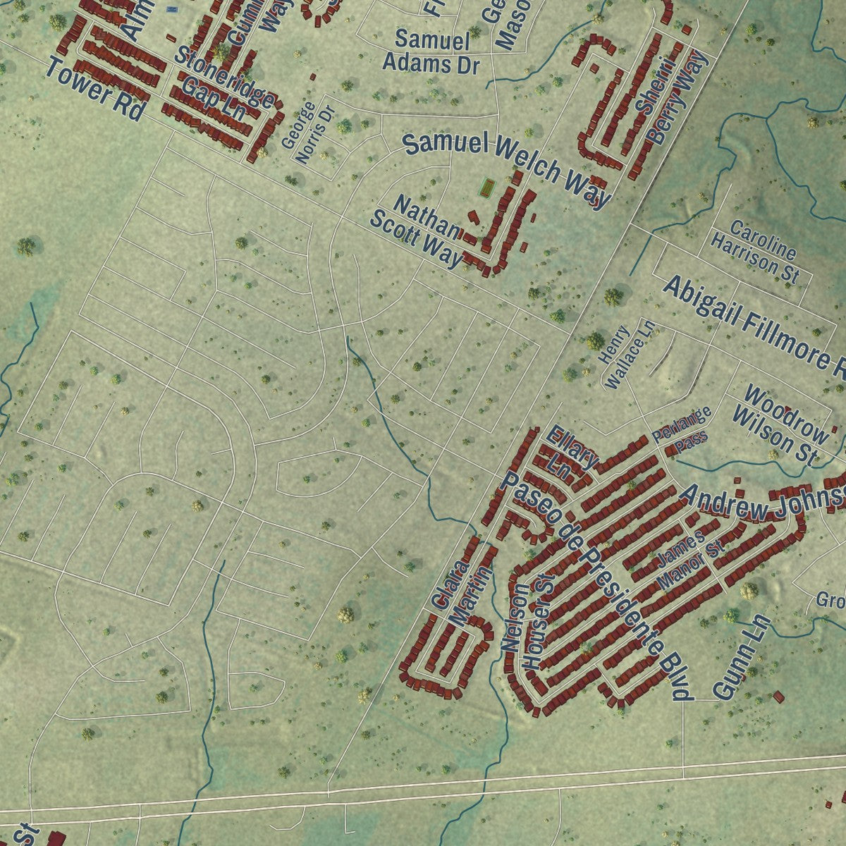 Close-up of the map of Manor, Texas print showing street and building detail
