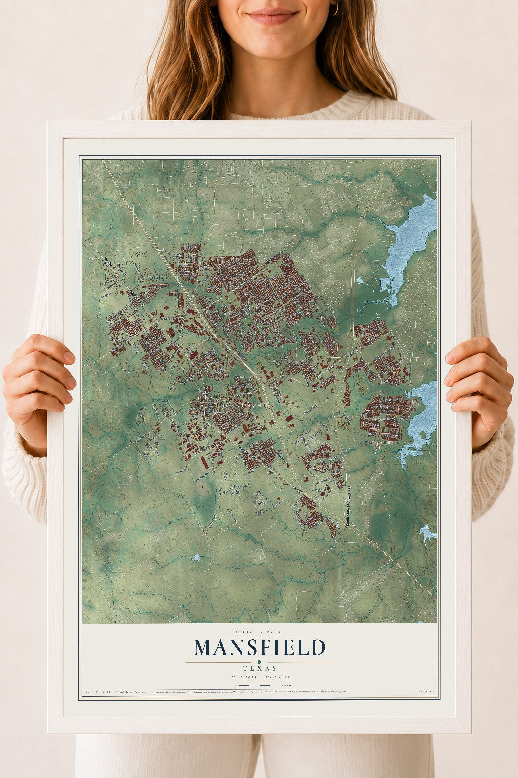Map of Mansfield, Texas, 18 x 24 inch print in a white wood frame