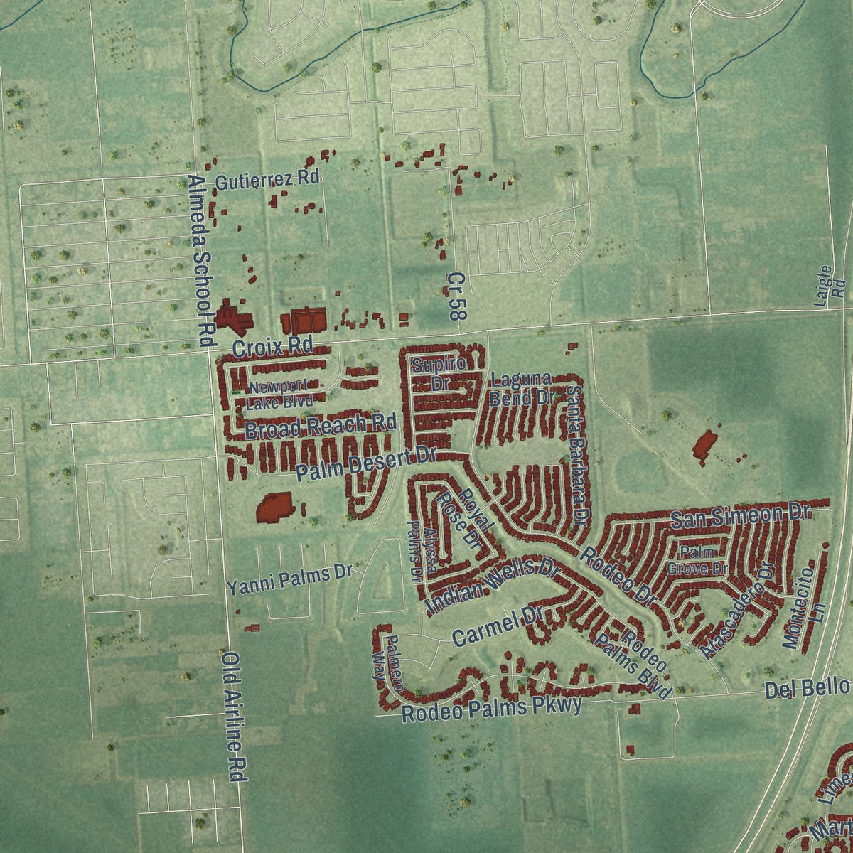 Second close-up of the map of Manvel, Texas print showing more streets and buildings