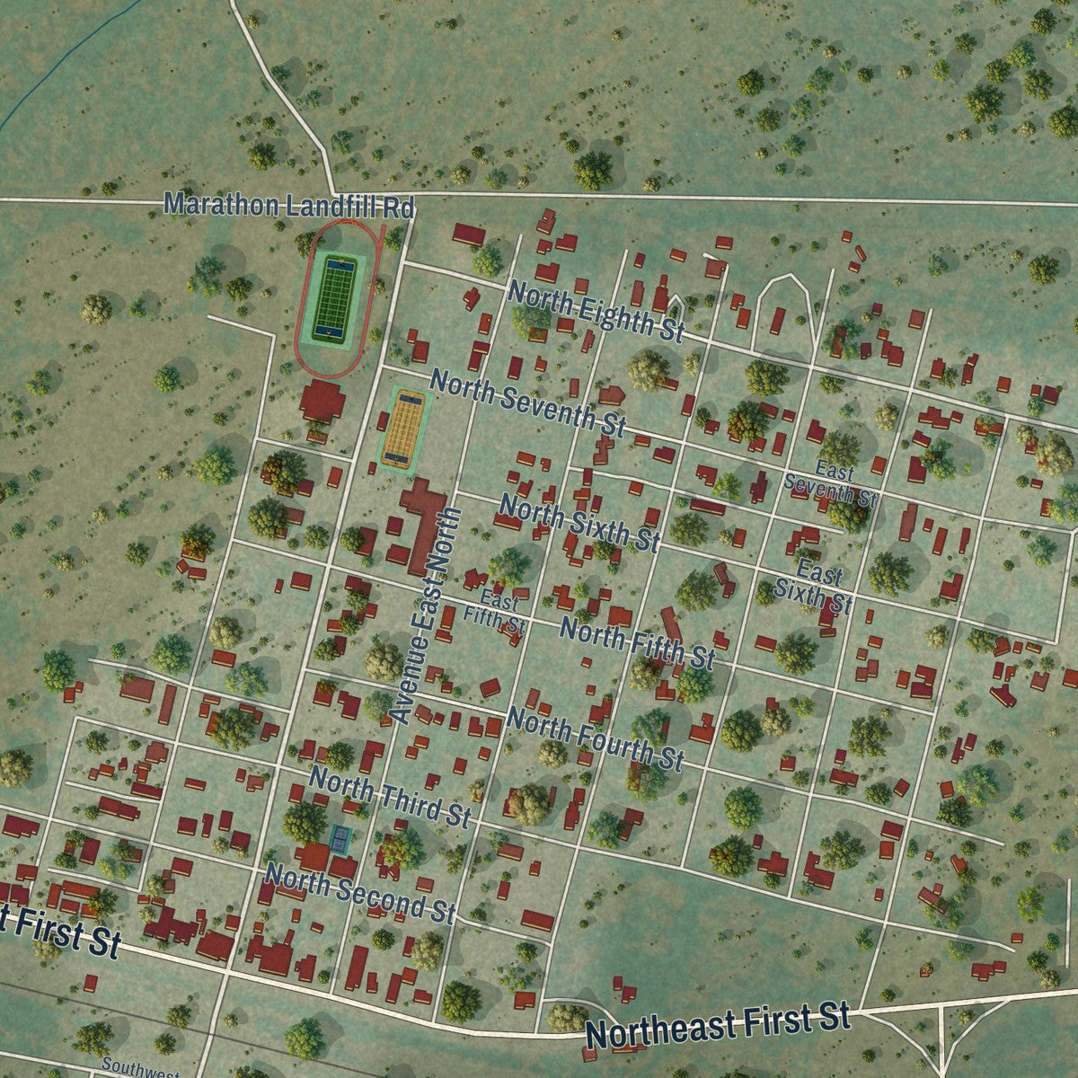 Close-up of the map of Marathon, Texas print showing street and building detail