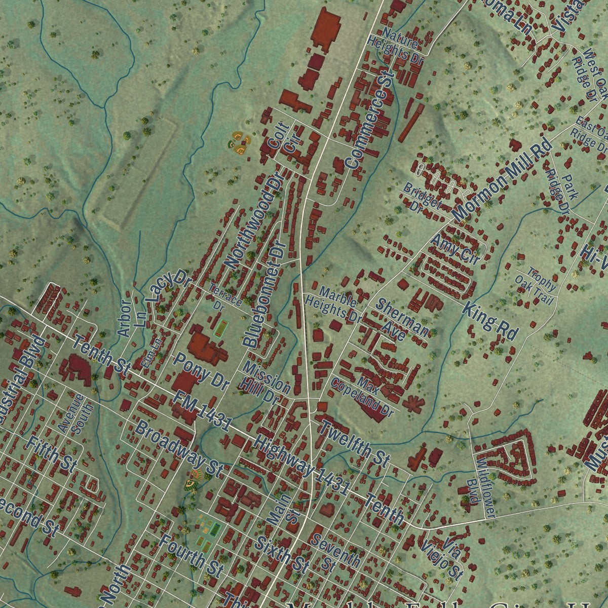 Close-up of the map of Marble Falls, Texas print showing street and building detail