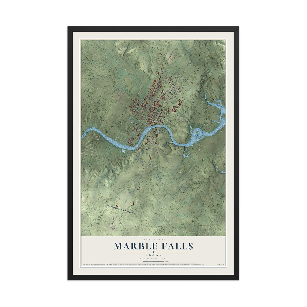 Map of Marble Falls, Texas, 12 x 18 inch print in a black wood frame
