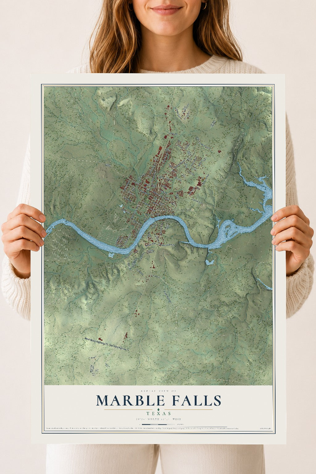 Map of Marble Falls, Texas, 18 x 24 inch unframed archival matte print