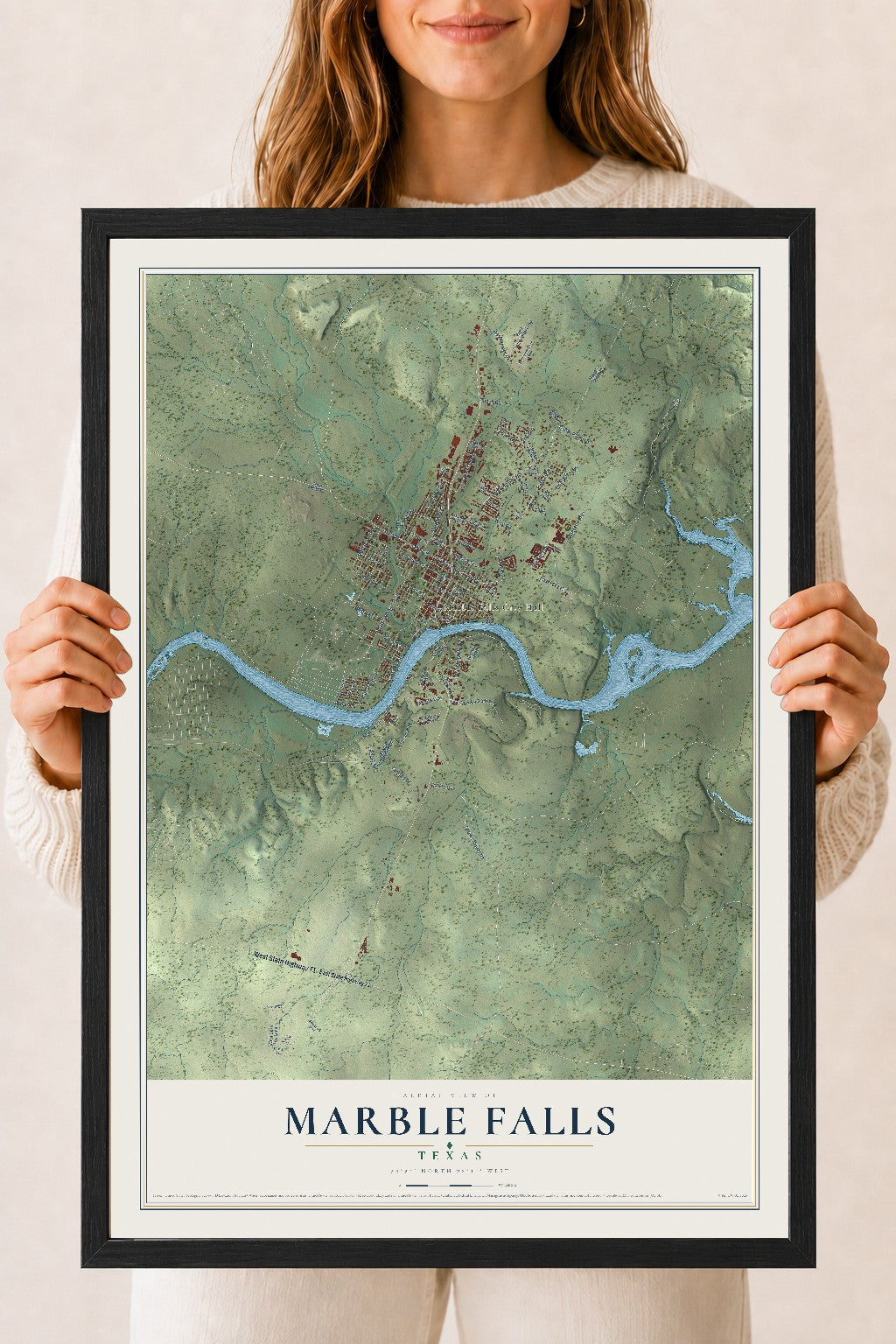 Map of Marble Falls, Texas, 18 x 24 inch print in a black wood frame