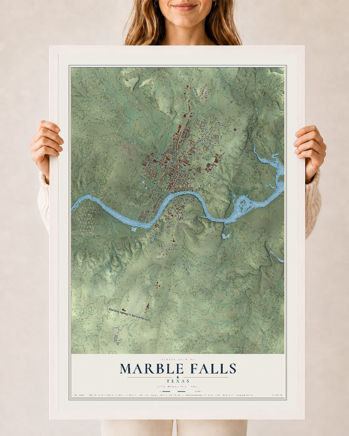 Map of Marble Falls, Texas, 24 x 36 inch print in a white wood frame