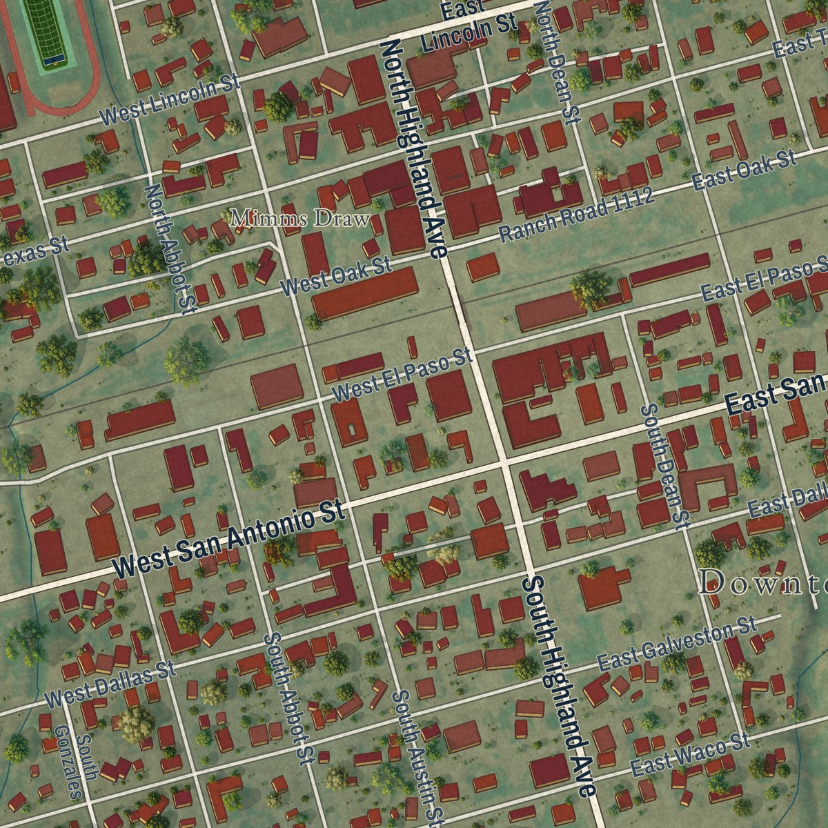 Close-up of the map of Marfa, Texas print showing street and building detail