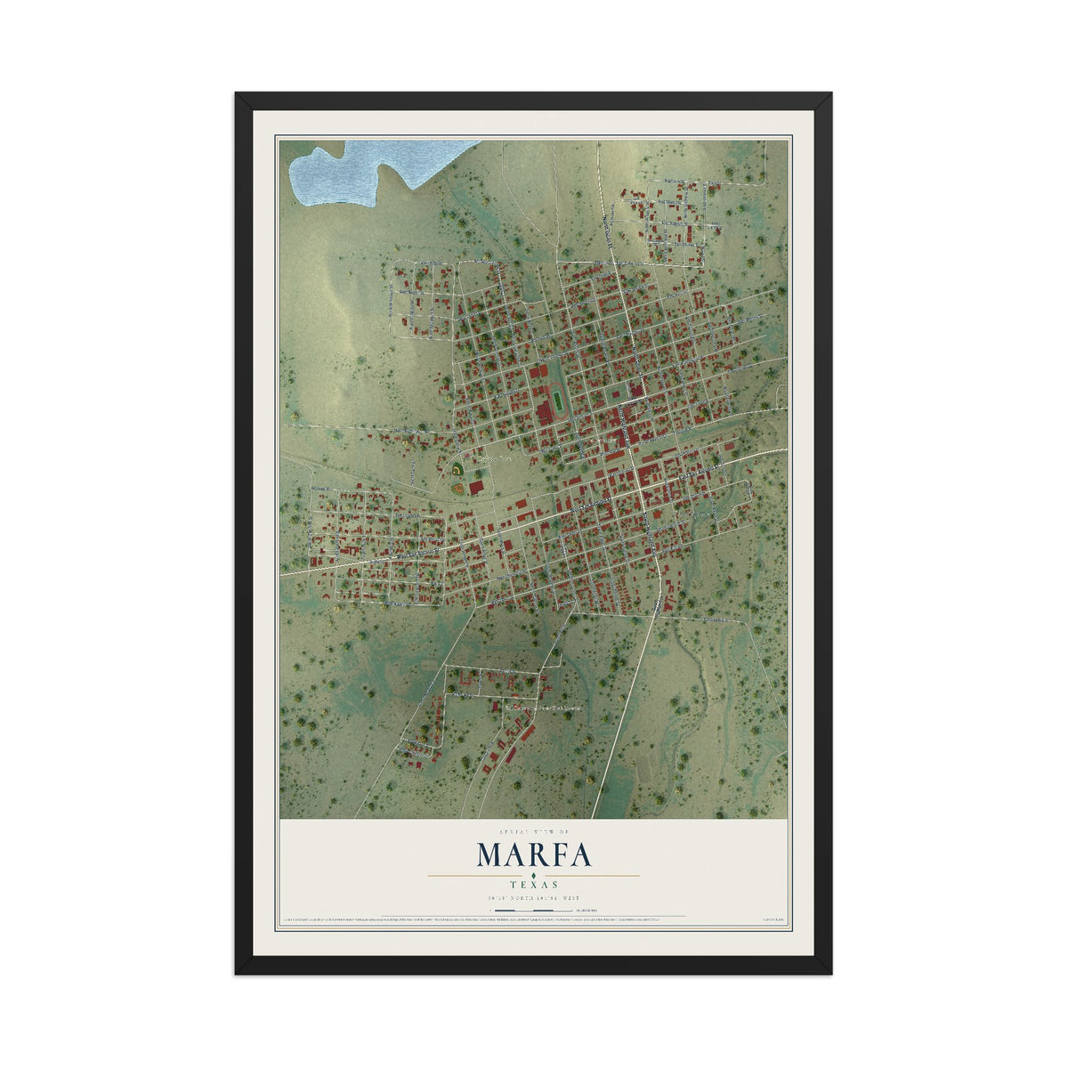Map of Marfa, Texas, 12 x 18 inch print in a black wood frame